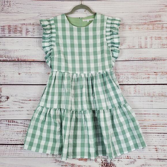 English Factory Cottagecore Dress S GreenWhite Check Ruffle Tiered Peasant - Picture 1 of 14